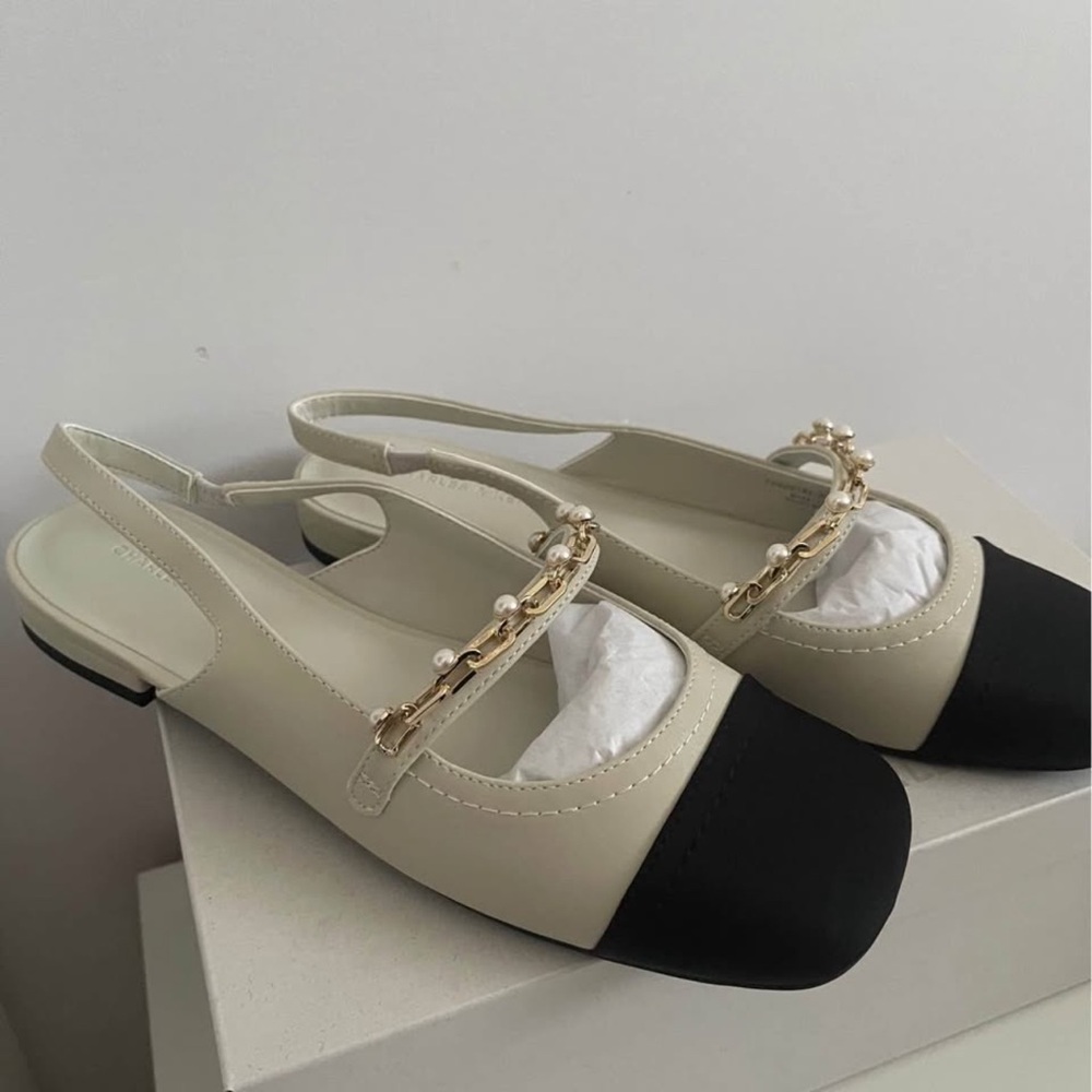 Charles & Keith Cream and Black Slingback Flats